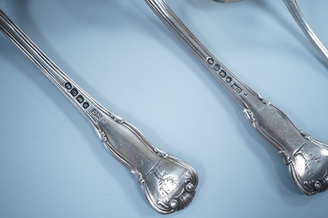 A pair of George IV silver King's husk pattern sauce ladles, by William Chawner II, London, 1825/27, 18.2cm, together with a pair of George VI Old English pattern sauce ladles, James Dixon & Sons, Sheffield, 1936, 7.9oz.